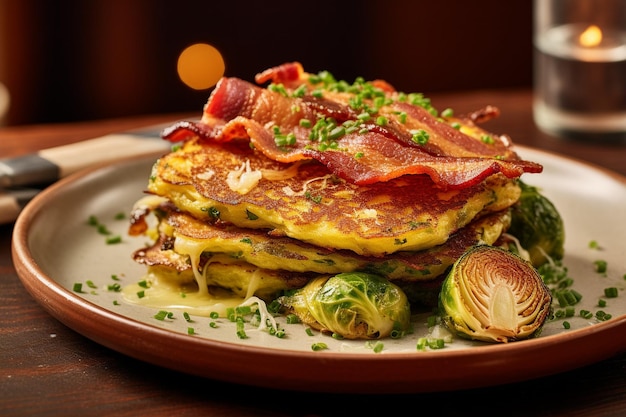 Omlet podawany z chrupiącymi, brązowymi waflami i syropem klonowym