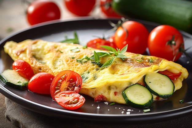 Omlet podawany z chrupiącymi, brązowymi waflami i syropem klonowym