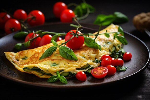 Zdjęcie omlet podawany z chrupiącymi, brązowymi waflami i syropem klonowym