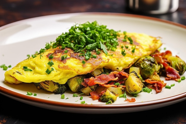 Omlet podawany z chrupiącymi, brązowymi waflami i syropem klonowym