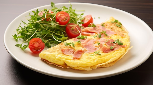 Zdjęcie omlet z jajem, szynką i pomidorami na talerzu