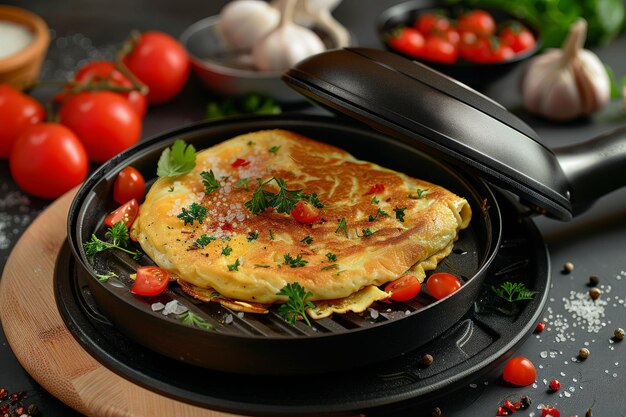 Zdjęcie omlet z pomidorami i pietruszką na czarnym talerzu