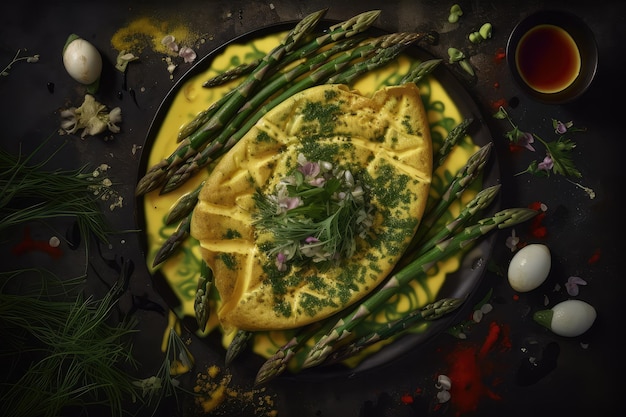 Omlet ze szparagami Omlet z zielonych warzyw Zdrowe danie z jaj Abstrakcyjna generatywna ilustracja AI