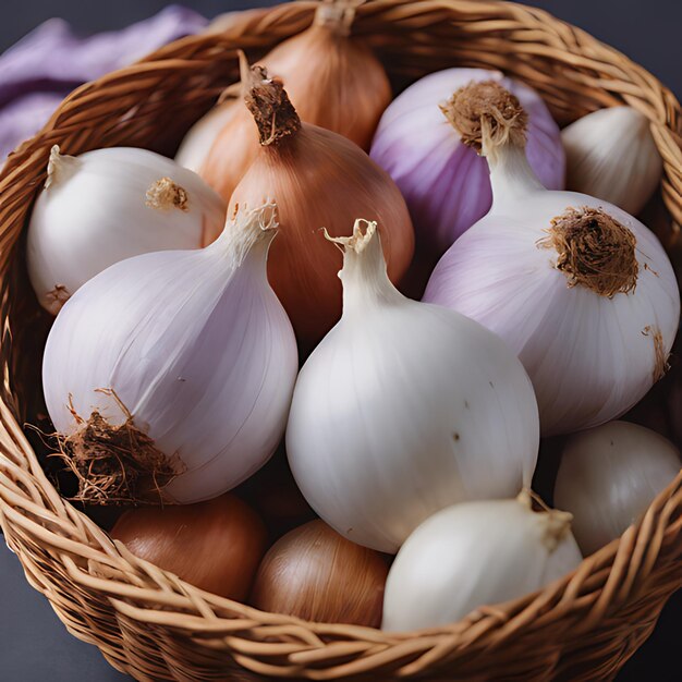 Zdjęcie onions in a basket with purple cloth and purple cloth