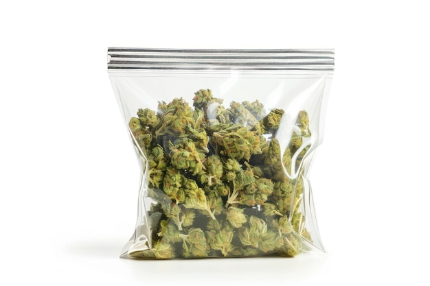 Opakowana torebka z marihuaną na białym tle