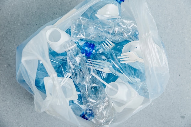 Opakowania Plastikowe Do żywności W Plastikowej Torbie. Pojęcie Recyklingu Tworzyw Sztucznych I Ekologii. Płaski Układanie, Widok Z Góry