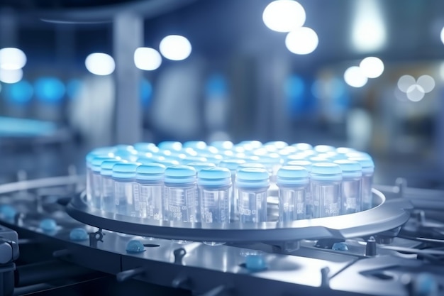 Zdjęcie opakowanie leków na zautomatyzowanej linii dużej zautomatizowanej fabryki farmaceutycznej.