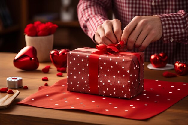 Opakowanie prezentów na Walentynki Ręce pakują prezenty w papierze opakowującym z przestrzenią do kopiowania