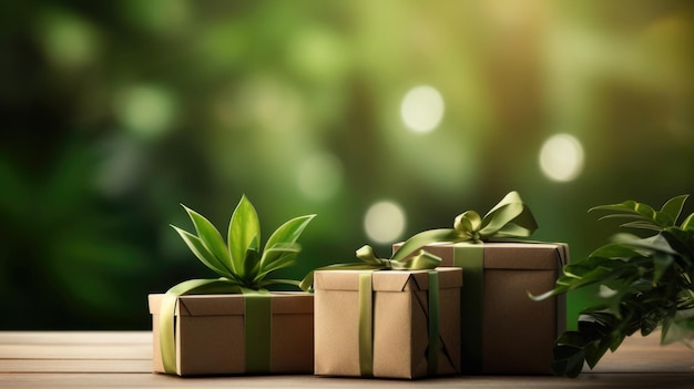 Opakowanie prezentów o zielonej tematyce ekologiczne z dekoracją roślinną spokojne