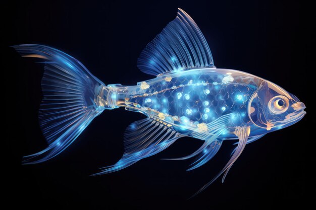 Zdjęcie opalizująca piękna przezroczysta ryba błyszcząca niebieską luminescencją hipnotyzujący podwodny spektakl w błyszczących odcieniach