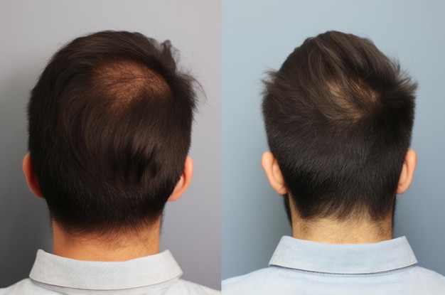 Operacja przywrócenia włosów przy użyciu przeszczepów pokazana z przodu przed i po zdjęciach