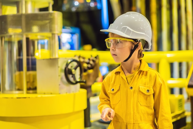 Operator chłopięcy rejestrujący działanie procesu naftowego i gazowego w elektrowni naftowej i wiertniczej na morzu naftowym i gazowym