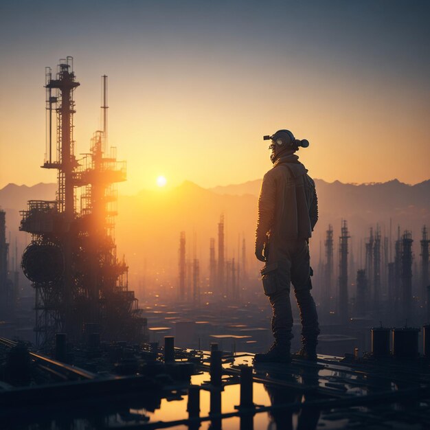 Zdjęcie operator stojący przy platformie wiertniczej i kontrolujący wydobycie ropy naftowej