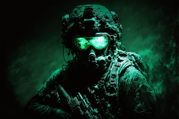 operator wojskowy patrzący na kamerę w ciemnym pokoju noktowizor zielone gogle