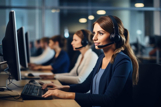 operatorzy callcenter z małymi bezprzewodowymi zestawami słuchawkowymi współpracują z komputerem stacjonarnym w biurze Generative AI