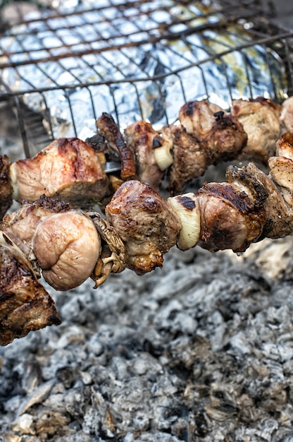 Opieczenie wieprzowina na skewers nad węglem drzewnym w grillu.