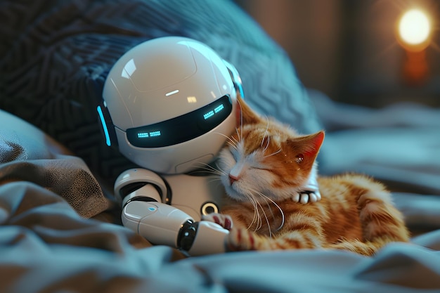 Opieka nad chorym towarzyszem Robot medyczny pielęgnuje pomarańczowego kota Tabby
