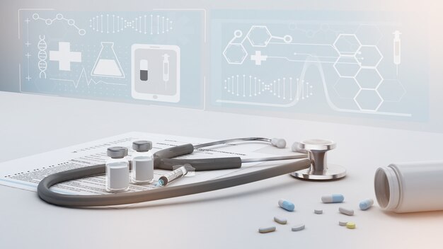 Opieka Nad Pacjentami Za Pomocą Sprzętu Medycznego Uzyskaj Kontrolę Stanu Zdrowia I Weź Wszelkie Leki Lub Szczepionki. Opieka Nad Pacjentem, Tło Opieki Zdrowotnej, Renderowanie 3d
