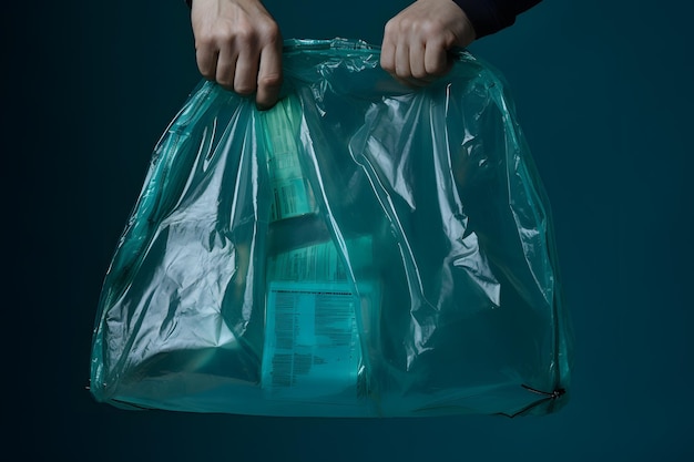 Opieka nad środowiskiem Ręka trzyma plastikową torbę na śmieci