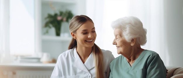 opiekująca się młodą pielęgniarką wspierająca pozytywną staruszkę pacjenta w domu lub w szpitalu