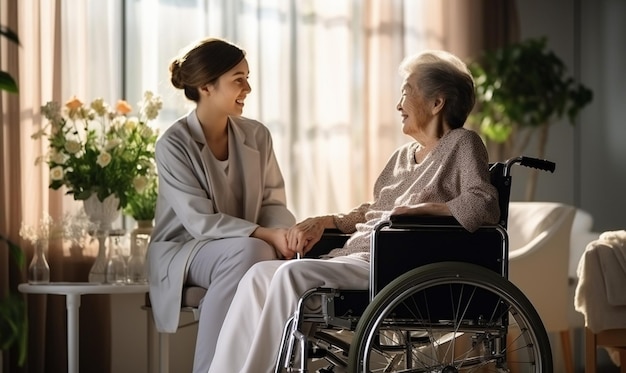 Opiekun lekarza ubrany w mundur, pocieszający i rozmawiający ze starszą kobietą, leczący empatię i opiekę