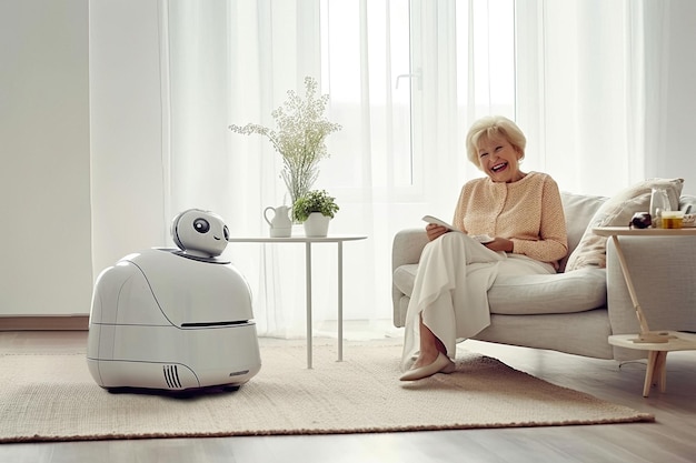 Opiekun robota opiekuje się i opiekuje się starszą emerytowaną kobietą stworzoną za pomocą Generative AI