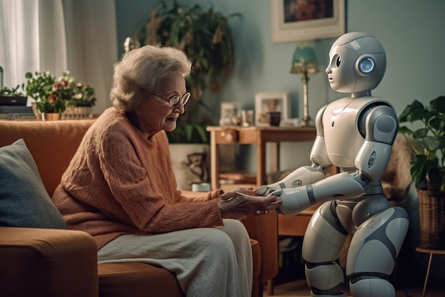 Opiekun robota opiekuje się starszą emerytką w domu stworzonym za pomocą Generative AI