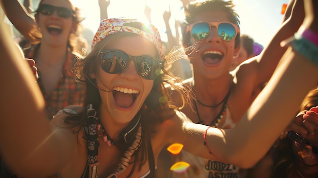 Zdjęcie opis obrazu grupa młodych ludzi cieszy się festiwalem muzycznym