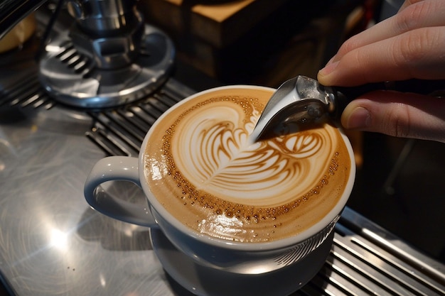 Opisz barista sed ręce, jak wlewają parę generatywny ai