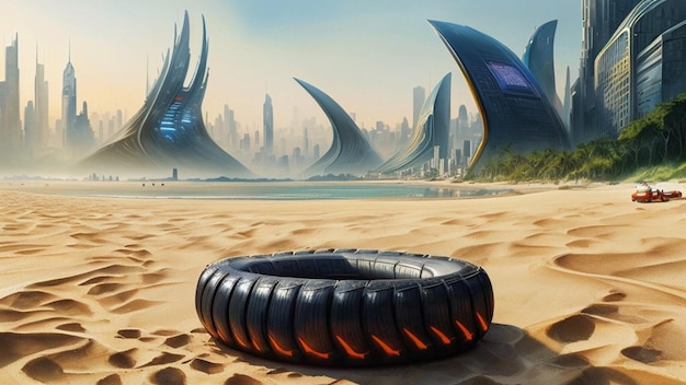 Opona na piasku w futurystycznym świecie przyszłości cybernetycznego miasta metaverse