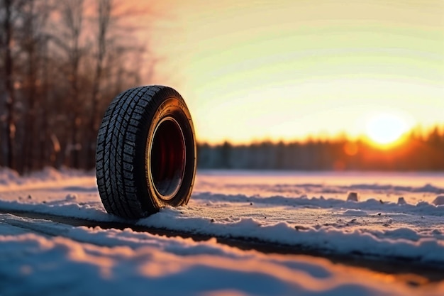 Zdjęcie opona zimowa pokryta śniegiem, śnieżna droga, lód, lodowaty samochód, napęd na kołach, bezpieczeństwo jazdy, transport.