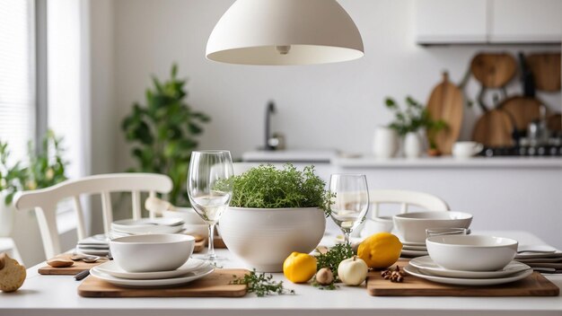 Opowiedz historię za pomocą obiektywu, fotografując biały stół kuchenny ustawiony na posiłek.