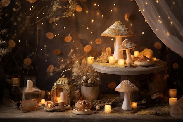 Opowieść bajkowa z grzybami i łagodnym oświetleniem