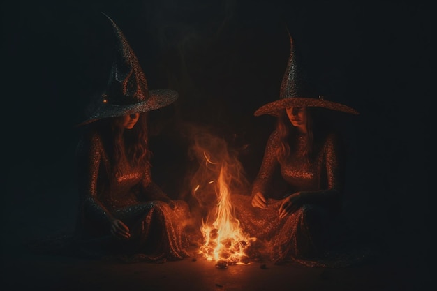 Opowieść o czarownicach fantasy Halloween siły nieziemskie kapelusz zaklinanie robienie czarów Mag średniowieczny strój jedwabne ubrania Czary warzenie eliksiru Ponure dramatyczne tło Generatywna sztuczna inteligencja