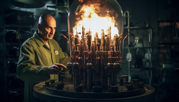 Zdjęcie oppenheimer pracuje nad szczegółami bomby atomowej w laboratorium, nad którym pracują naukowcy