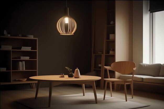 Oprawa oświetleniowa zwisa z sufitu w ciemnym pokoju z drewnianym krzesłem i stołem z lampą.