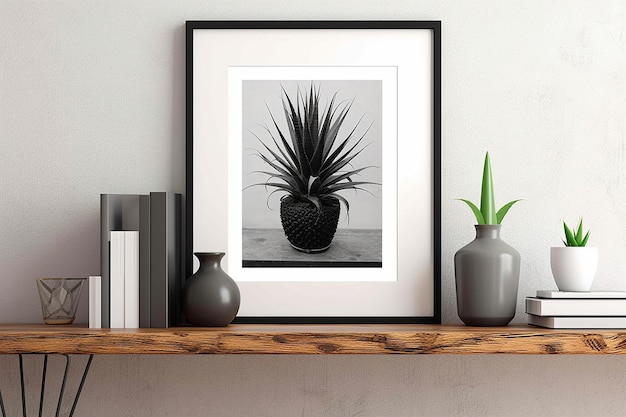 Oprawione zdjęcie ananasa stoi na półce.