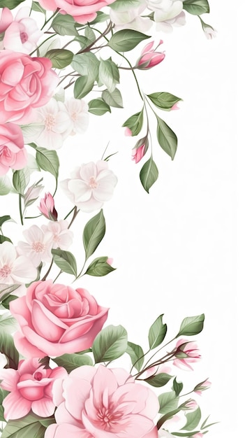 Zdjęcie oprawiony nadruk różowych róż z zielonymi liśćmi i zielonymi liśćmi.