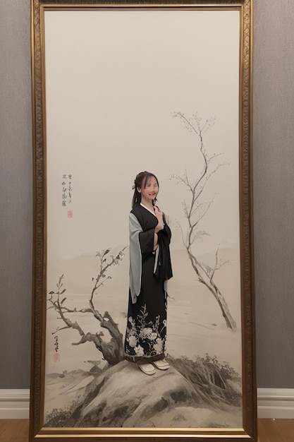 Oprawiony obraz przedstawiający kobietę w czarnym kimonie stoi przed drzewem.