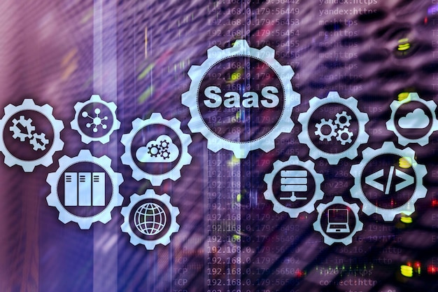 Oprogramowanie jako usługa SaaS Koncepcja oprogramowania Nowoczesny model technologii na wirtualnym ekranie serwerowni Software On Demand
