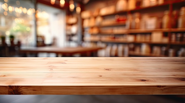 Opróżnia odgórnego drewnianego stół z supermarketem zamazuje tło