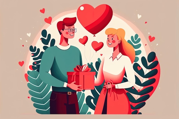 Optymistyczne płaskie dzieło artystyczne młodej pary wymieniającej serca na Walentynki