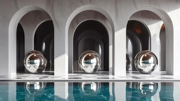 Opulencja architektoniczna Futuristyczny projekt z pływającymi kromowymi kulami