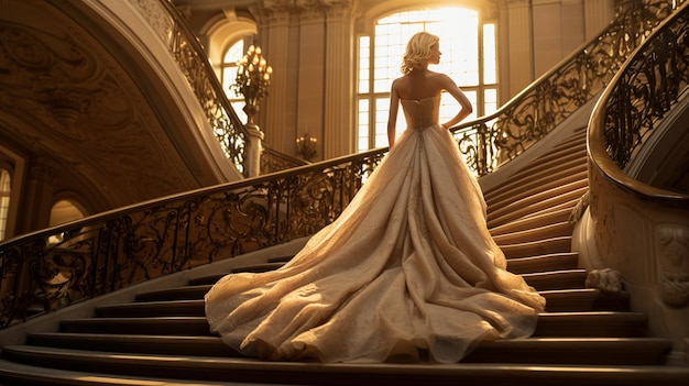 Opulent Elegance Lady by Grand Staircase w French Mansion