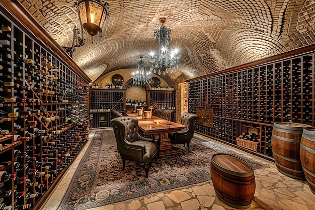 Opulentna piwnica z rzędami ustawionych butelek wina, elegancki obszar degustacji i miękkie światło otoczenia