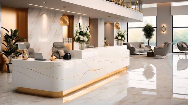Opulentny lobby hotelu z nowoczesnym designem, eleganckimi meblami i luksusową atmosferą.