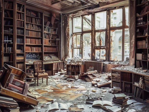 Opuszczona i niezorganizowana biblioteka
