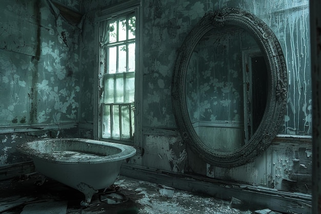 Zdjęcie opuszczona kąpiel z pazurami i ozdobne lustro w zniszczonym pokoju z łuszczącymi się tapetami