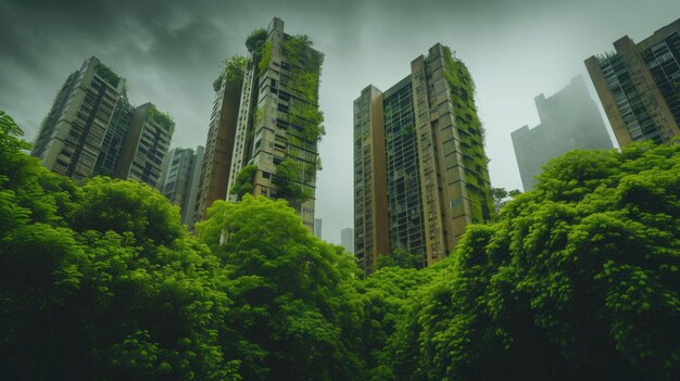 Opuszczona metropolia pokryta trawą i drzewami, miasto pochłonięte przez naturę.