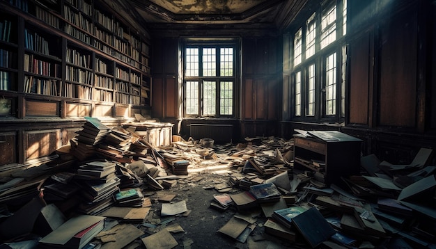 Opuszczona stara biblioteka, straszna i bałaganiarska, wygenerowana przez sztuczną inteligencję